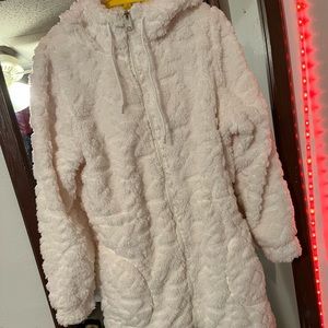 white long (like a dress) furry zip up jacket